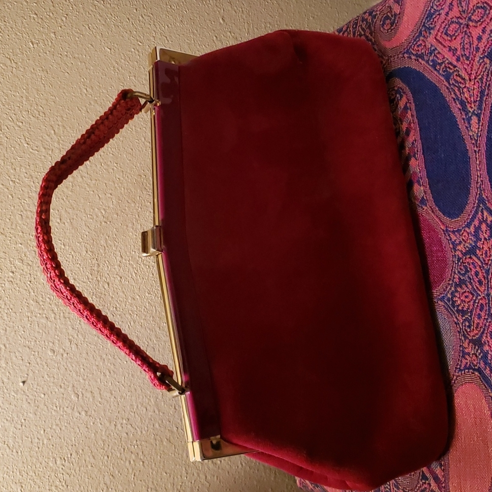 SALE Vintage Red Patten Leather and Suede Handbag - Picture 2 of 8